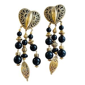 VTG Runway Chunky Gold Heart Statement Earrings Acrylic Dangle Clip 80s Massive